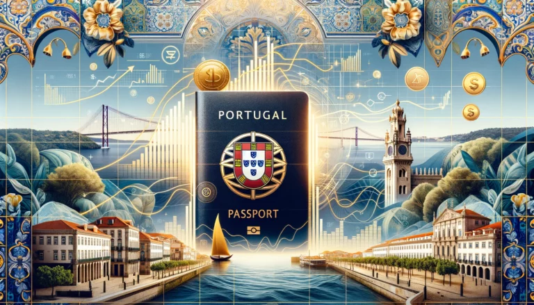 Portugal Golden Visa concept with golden passport and financial symbols over Lisbon skyline and Douro Valley vineyards.
